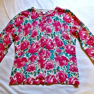 Garnet Hill Printed Watercolor Tulips 100% Merino Wool Cardigan